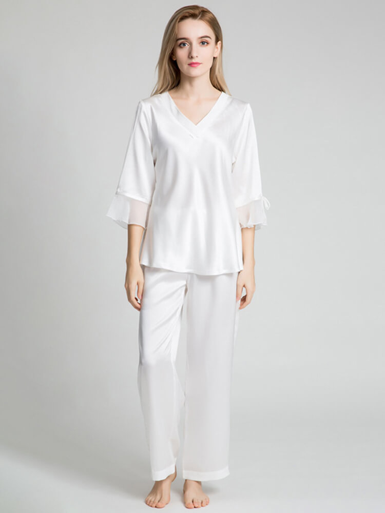19 Momme Half Ruffle Sleeve Long Silk Pajama Set