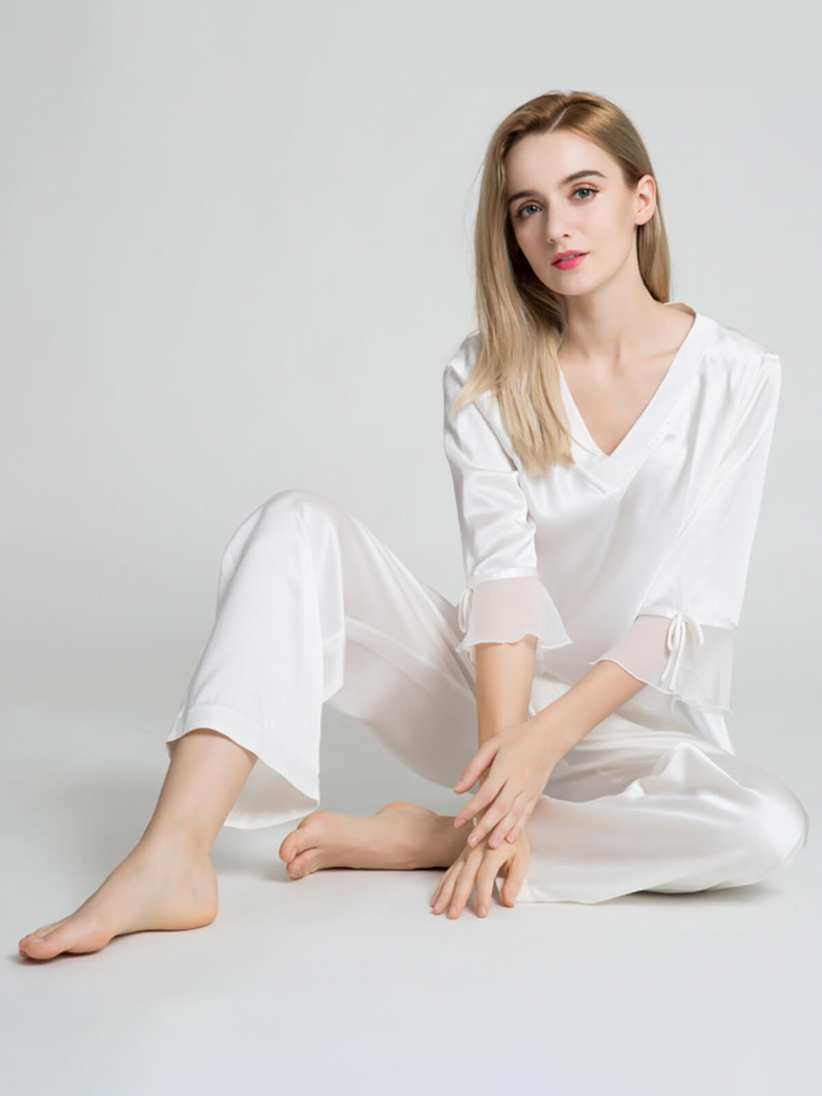 19 Momme Half Sleeve Pure Silk Pajamas Set with Ruffles