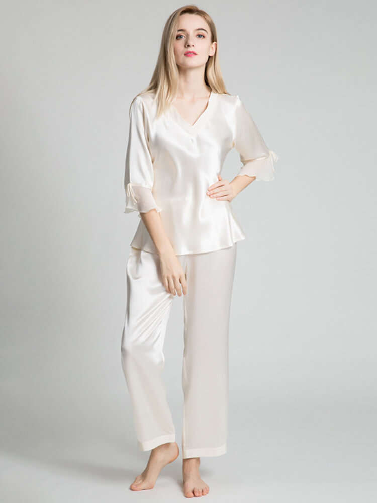 19 Momme Mid Sleeved Fancy Long Silk Pajama Set with Chiffon