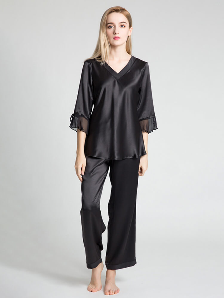 19 Momme Half Sleeve Pure Silk Pajamas Set with Ruffles