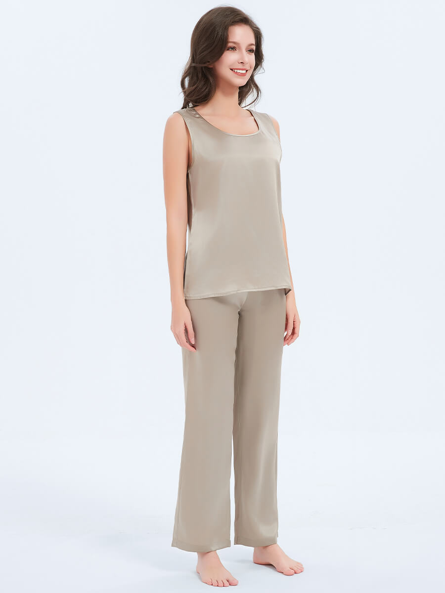 Round Neck Silk Tank Top and Pajama Pants Set for Women