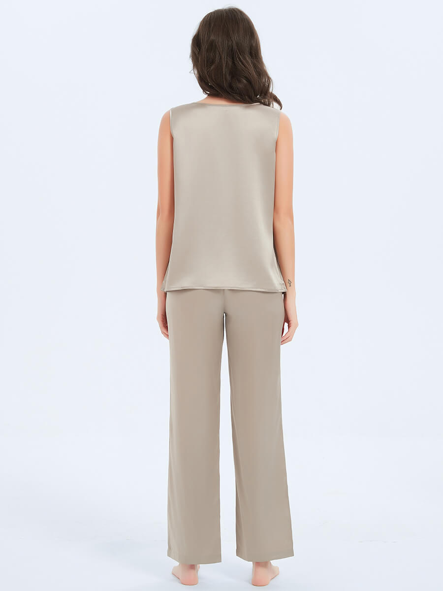 Round Neck Silk Tank Top and Pajama Pants Set for Women