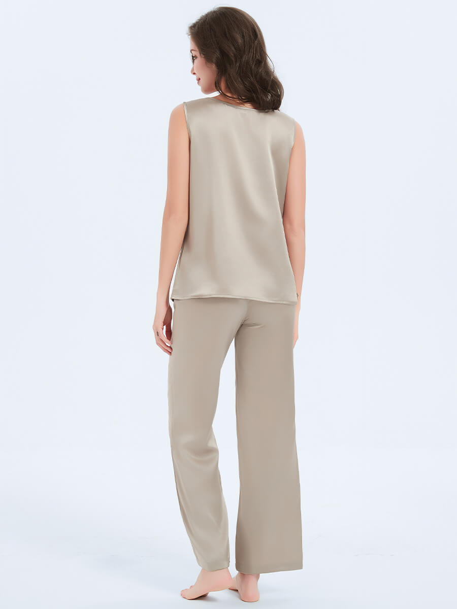 Round Neck Silk Tank Top and Pajama Pants Set for Women