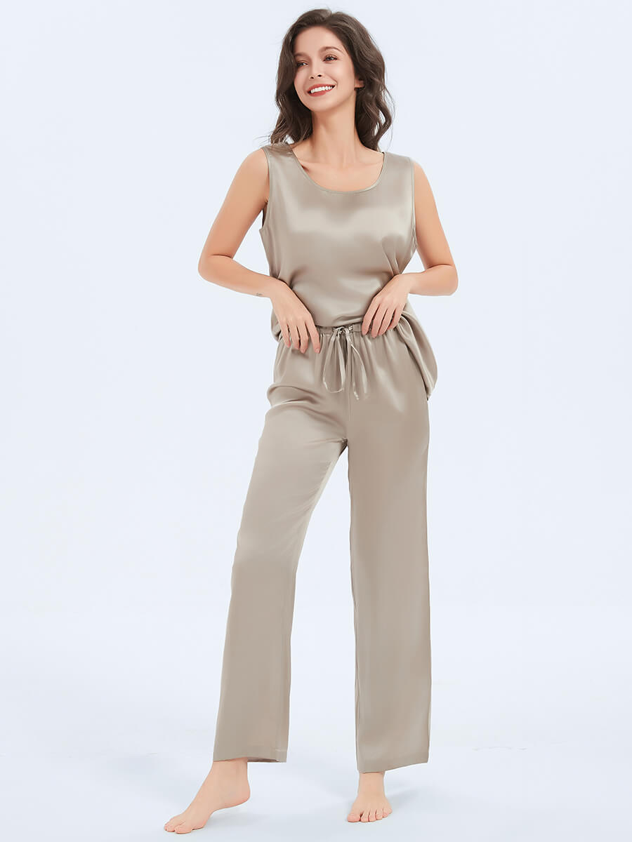 Round Neck Silk Tank Top and Pajama Pants Set for Women