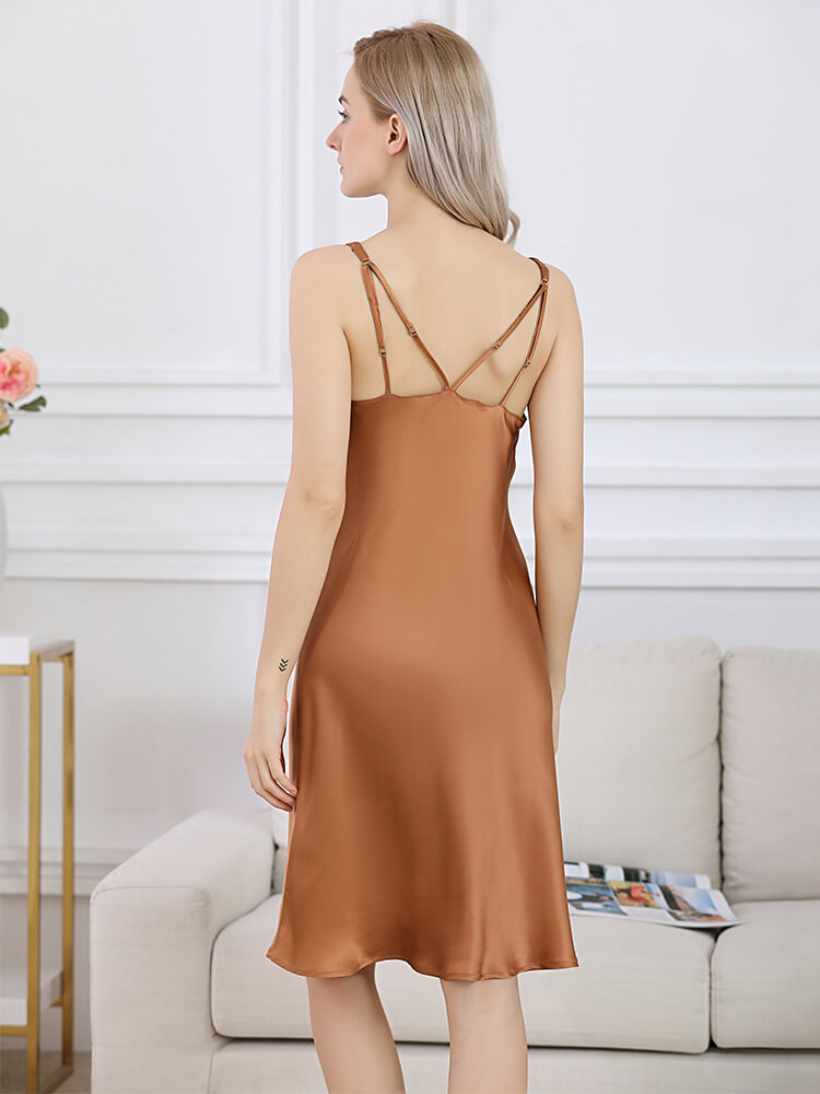 22 Momme V-Neck Adjustable Straps Caramel Silk Nightgown
