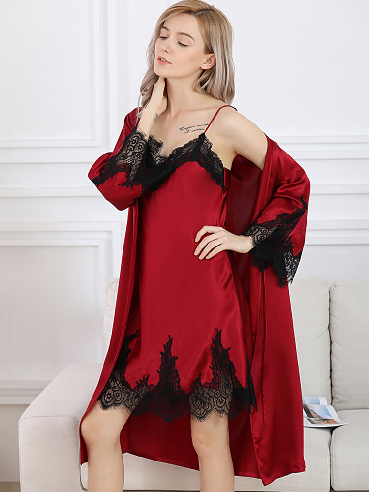 19 Momme Luxurious Long 100% Silk Lace Chemise and Robe Set