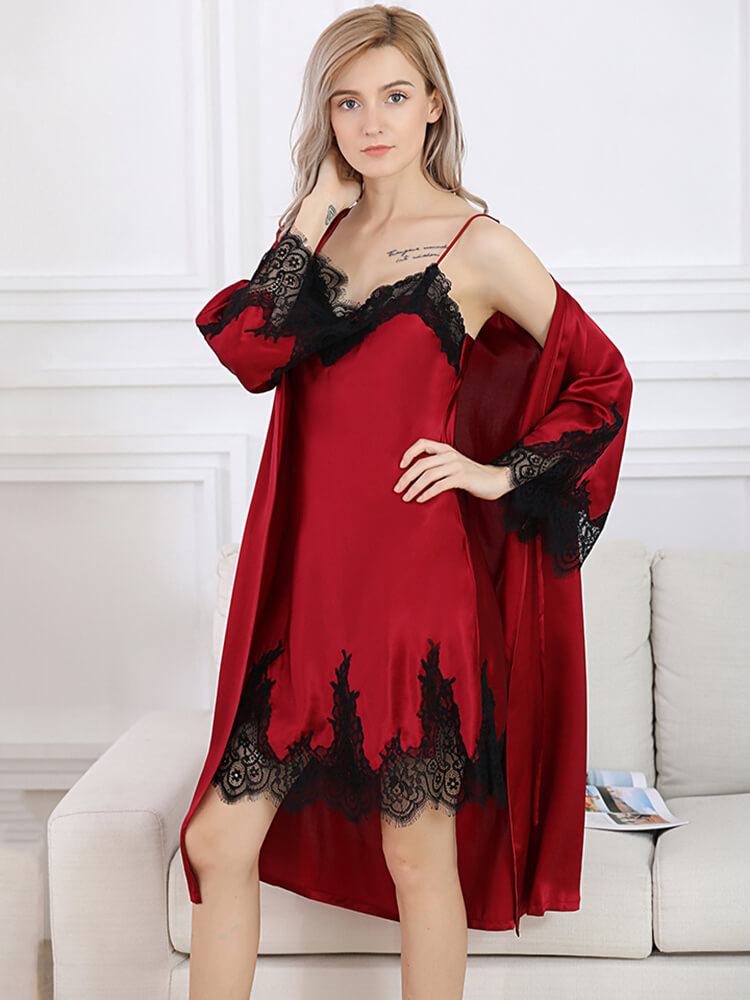 19 Momme Sexy Lace Trimmed Long Silk Chemise and Robe Set