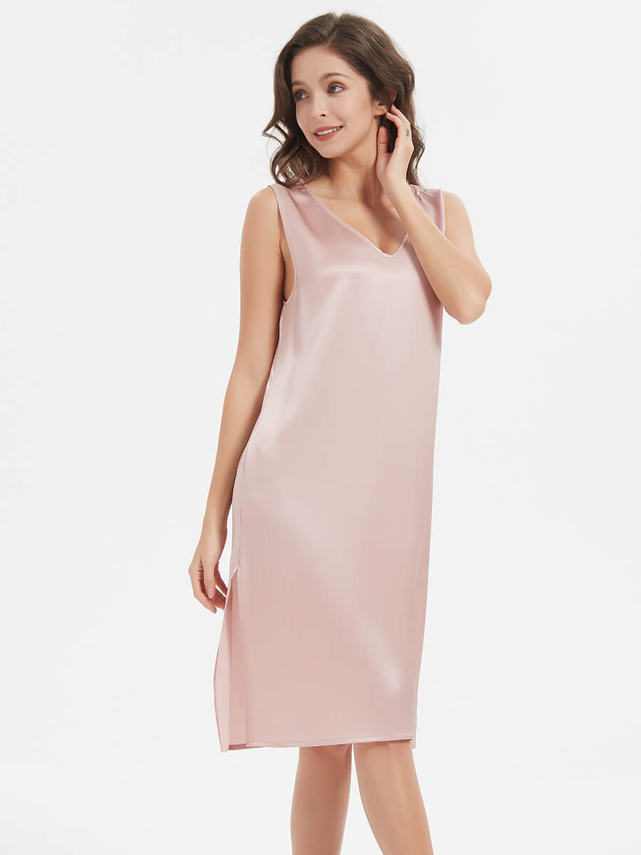 19 Momme V-Neck Relaxed Style Pink Silk Nightgown With Side Slit