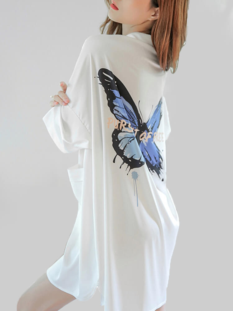 19 Momme Butterfly Printed Silk Boyfriend Nightshirt For Women