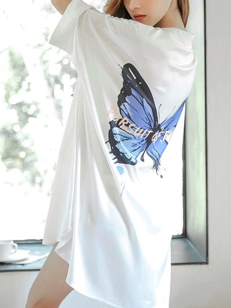 19 Momme Butterfly Printed Silk Boyfriend Nightshirt For Women