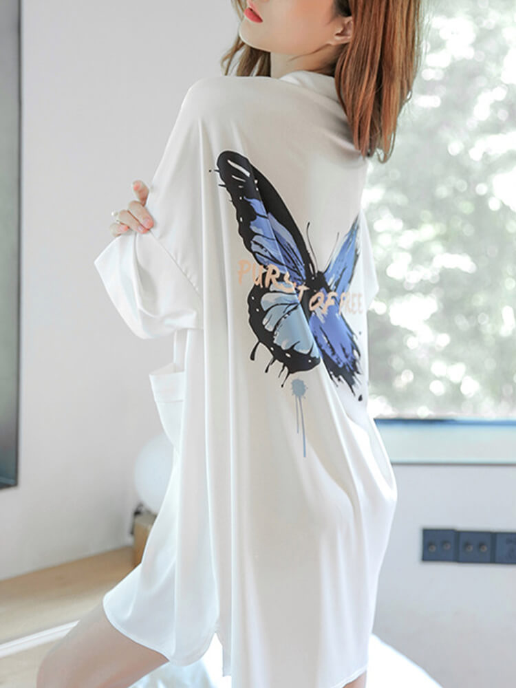 19 Momme Butterfly Printed Silk Boyfriend Nightshirt For Women