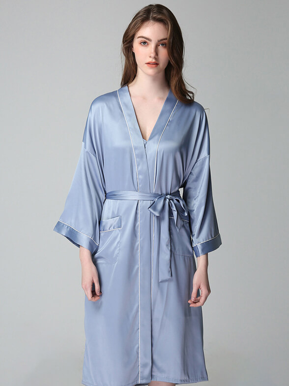 22 Momme Long Silk Nightgown and Robe Set with Piping