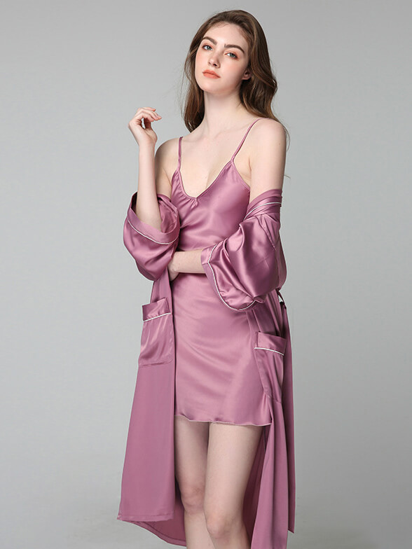 22 Momme Long Silk Nightgown and Robe Set with Piping