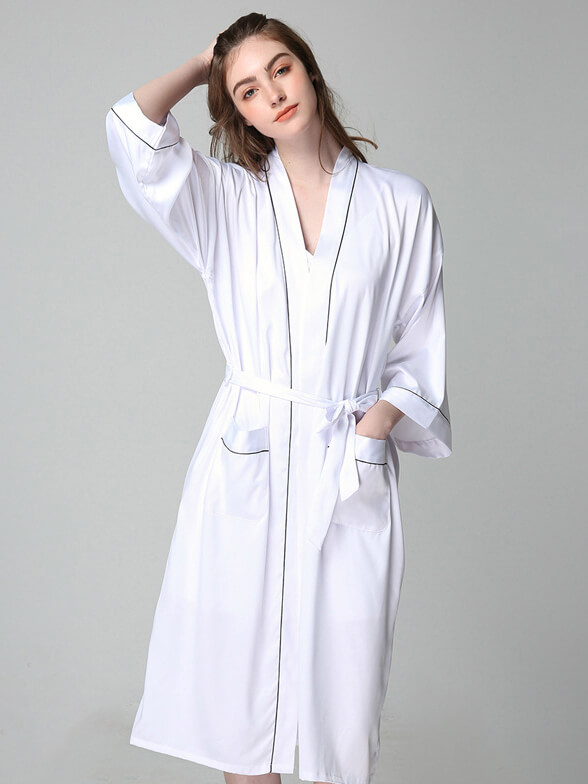 19 Momme Piped Long Silk Bride and Bridesmaids Dressing Gown