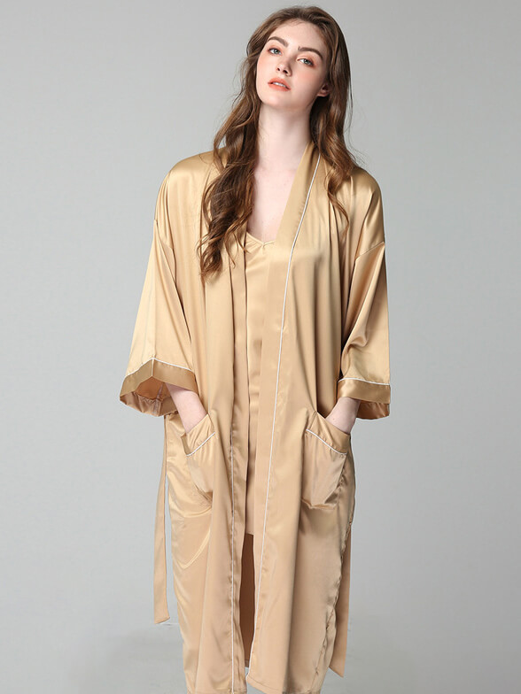 19 Momme Piped Long Silk Bride and Bridesmaids Dressing Gown