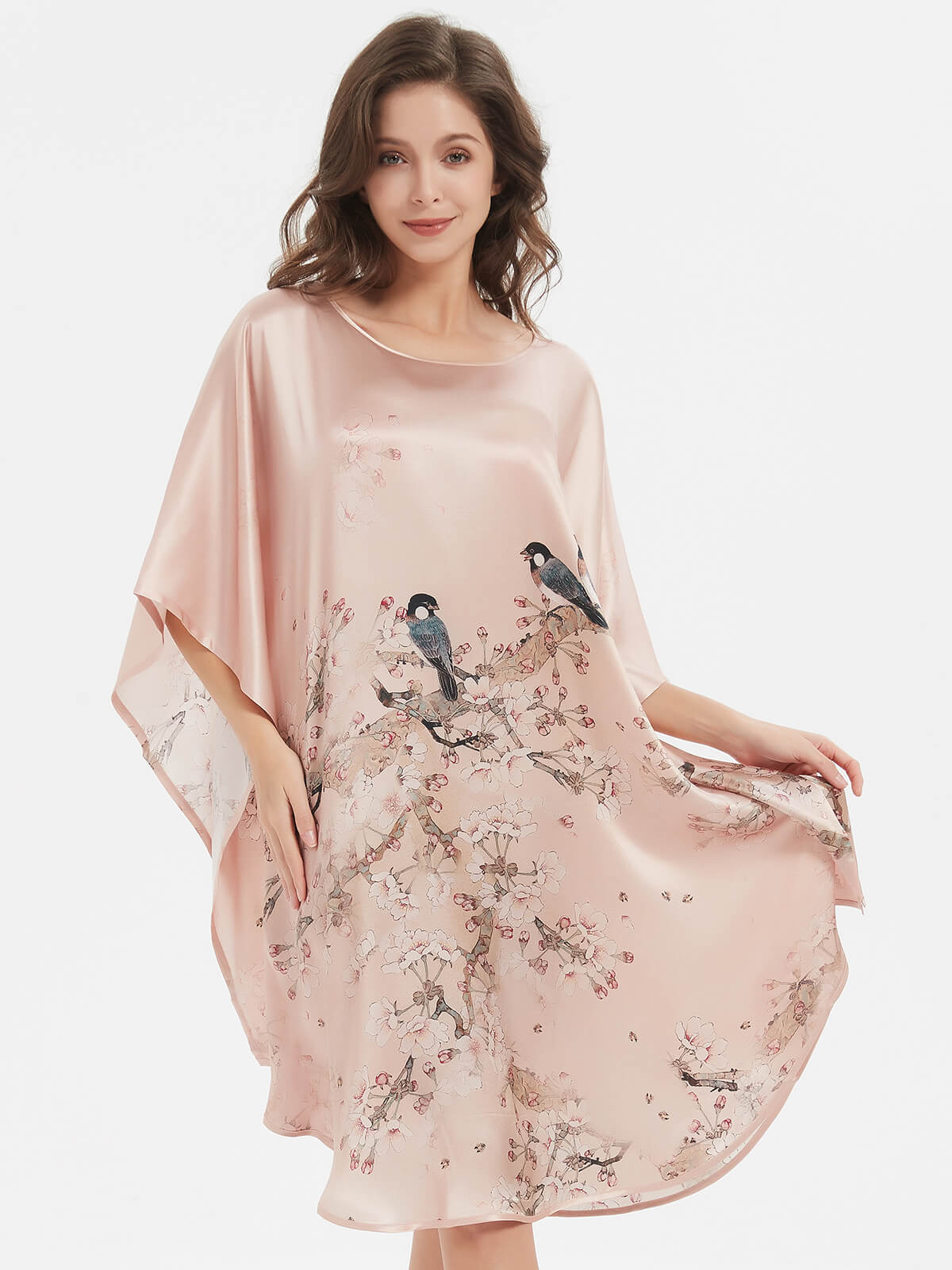 Birds and Blossom Print Champagne Silk Nightgown