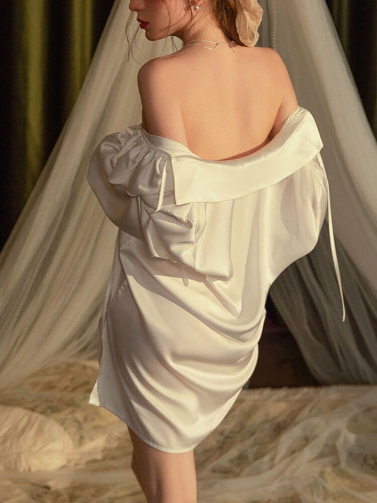 Birds and Blossom Print Champagne Silk Nightgown