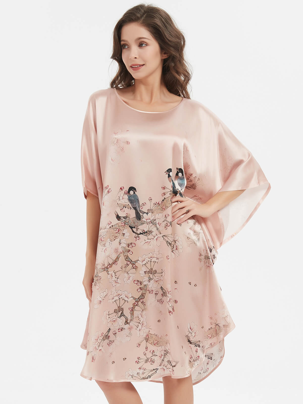 Birds and Blossom Print Champagne Silk Nightgown