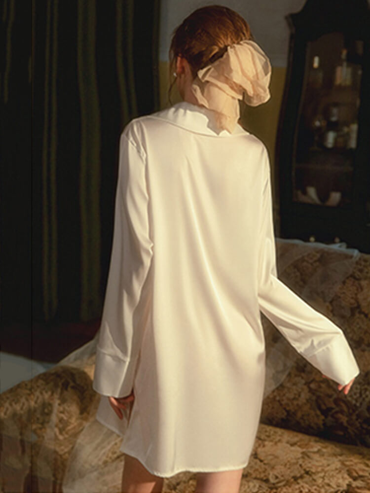 22 Momme Elegant Ruffled Sexy V-neck Tie Ivory Silk Nightgown
