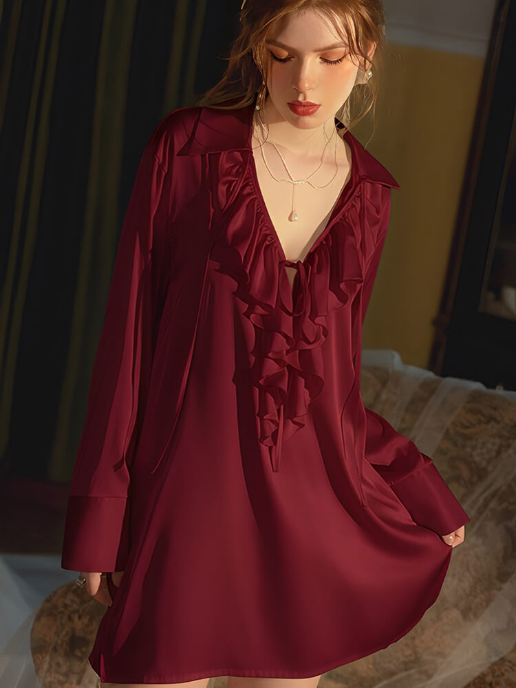 22 Momme Ruffled Collar V-Neck Long Sleeve Silk Nightdress