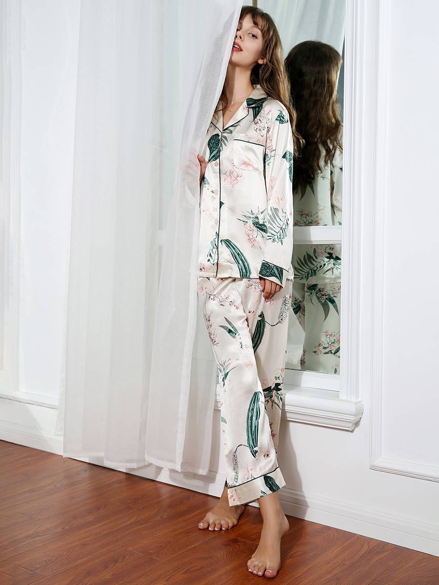 19 Momme Floral and Plants Print Long Silk Pajamas Set [FS125] - $199. ...