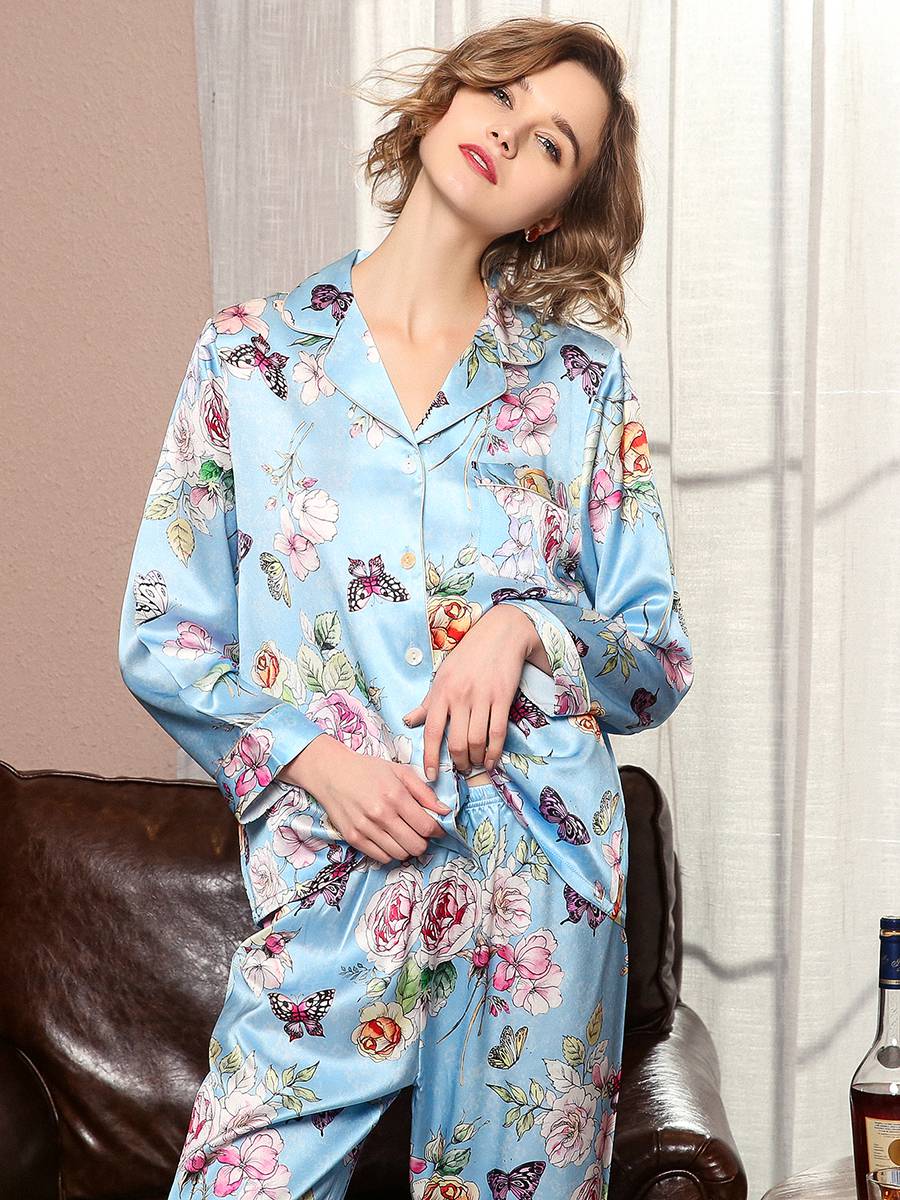 19 Momme Pink Floral Butterfly Print Long Silk Pajama Sets