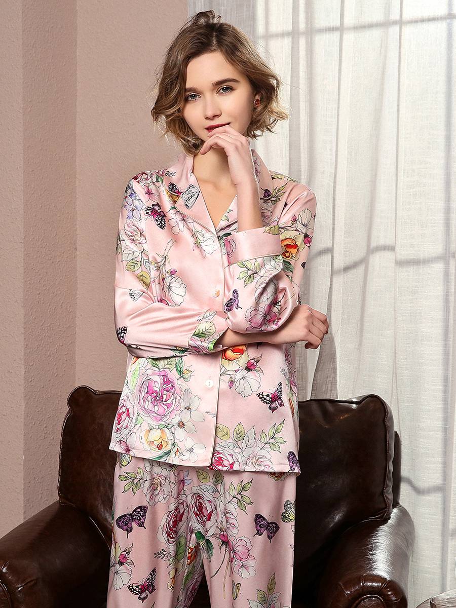 19 Momme Pink Floral Butterfly Print Long Silk Pajama Sets