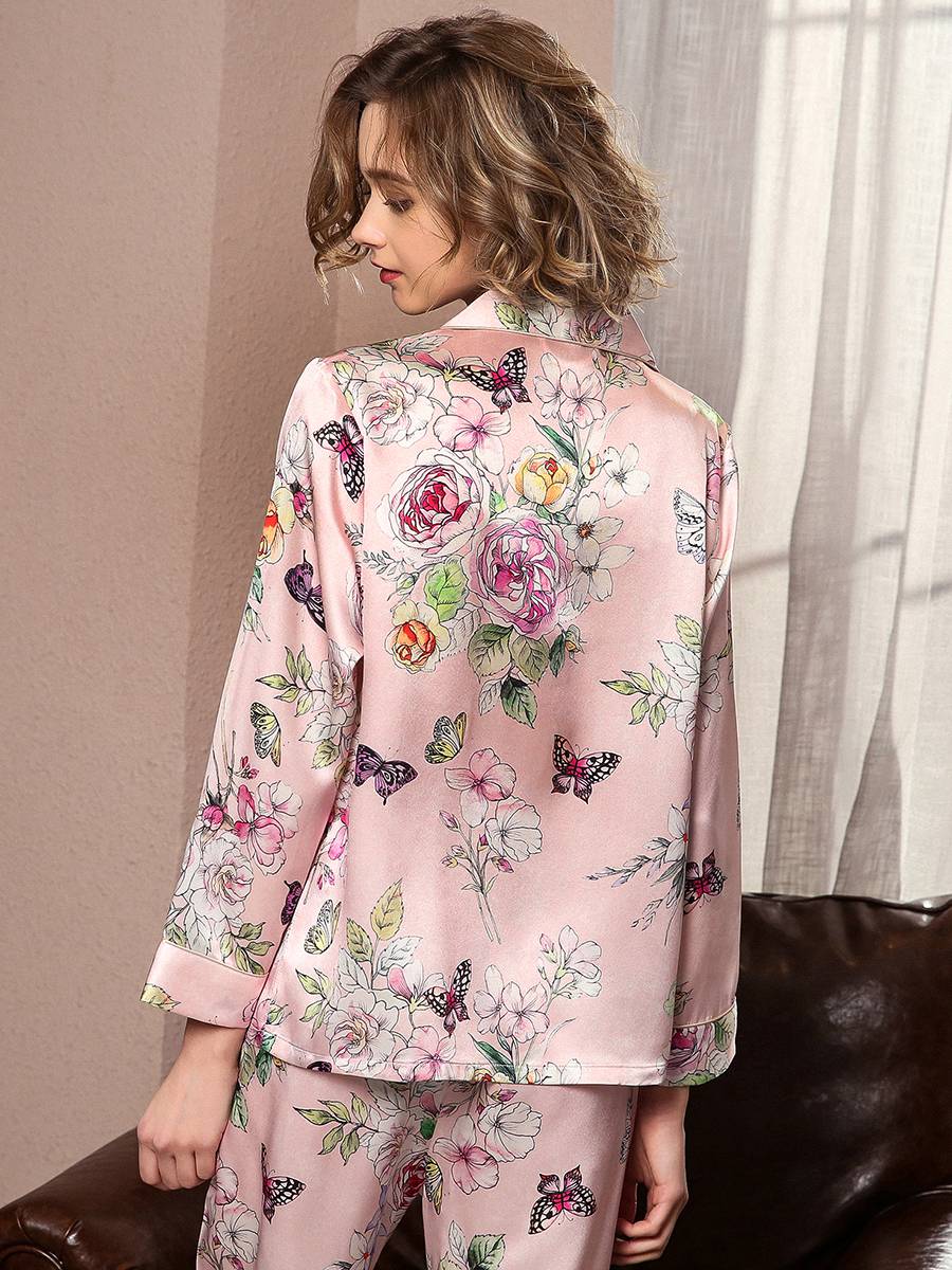 19 Momme Pink Floral Butterfly Print Long Silk Pajama Sets