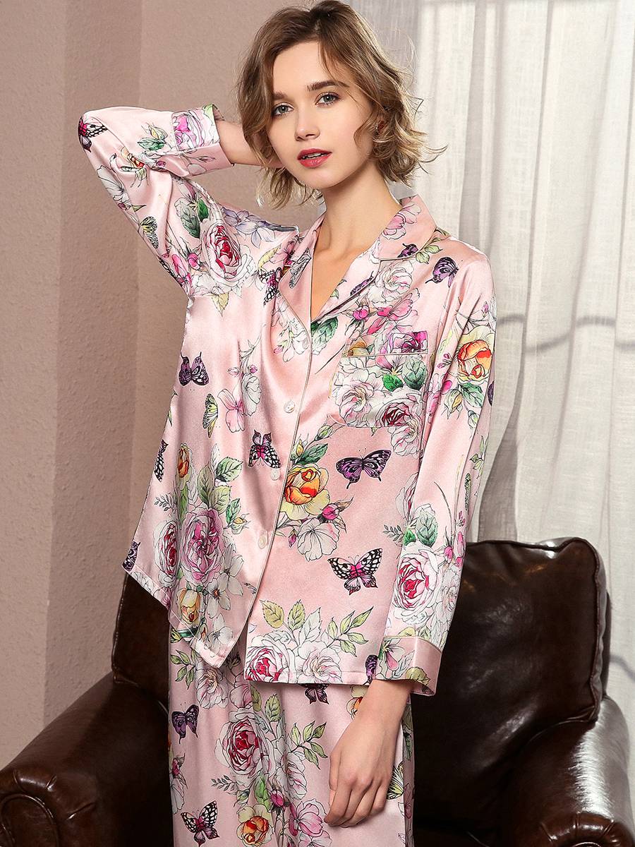 19 Momme Pink Floral Butterfly Print Long Silk Pajama Sets