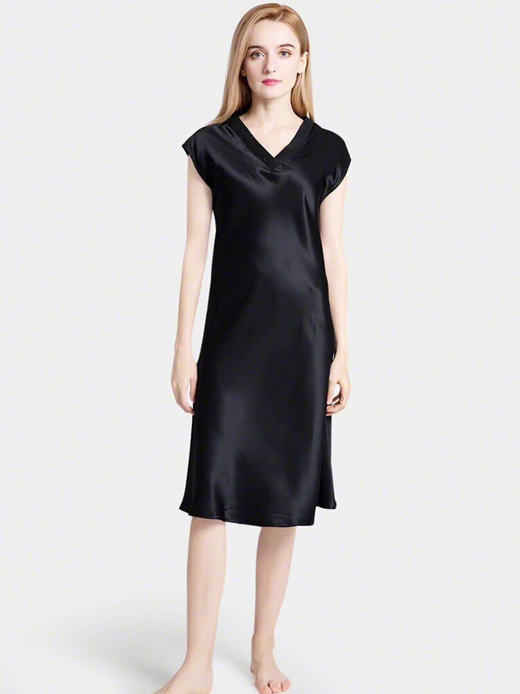 22 Momme V-Neck Elegant Mid-Length Silk Nightgown Drop Shoulders