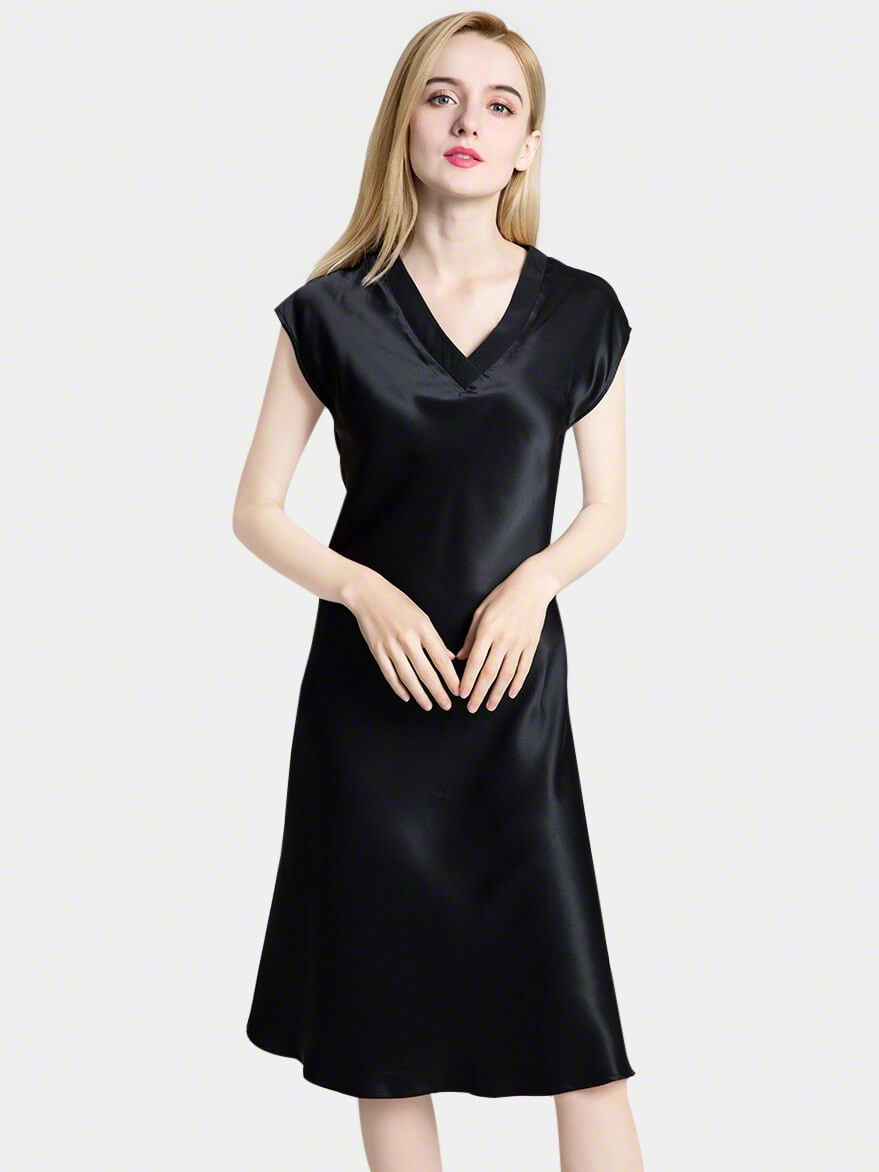 22 Momme V-Neck Elegant Mid-Length Silk Nightgown Drop Shoulders