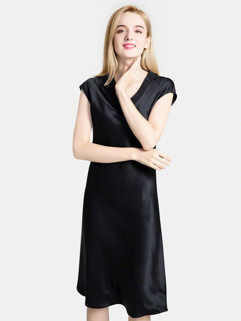 22 Momme V-Neck Elegant Mid-Length Silk Nightgown Drop Shoulders