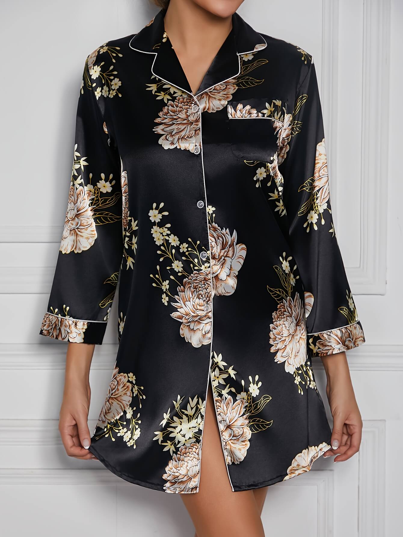 22 Momme Women's Summer Floral 100% Silk Pajama Shirt Dress