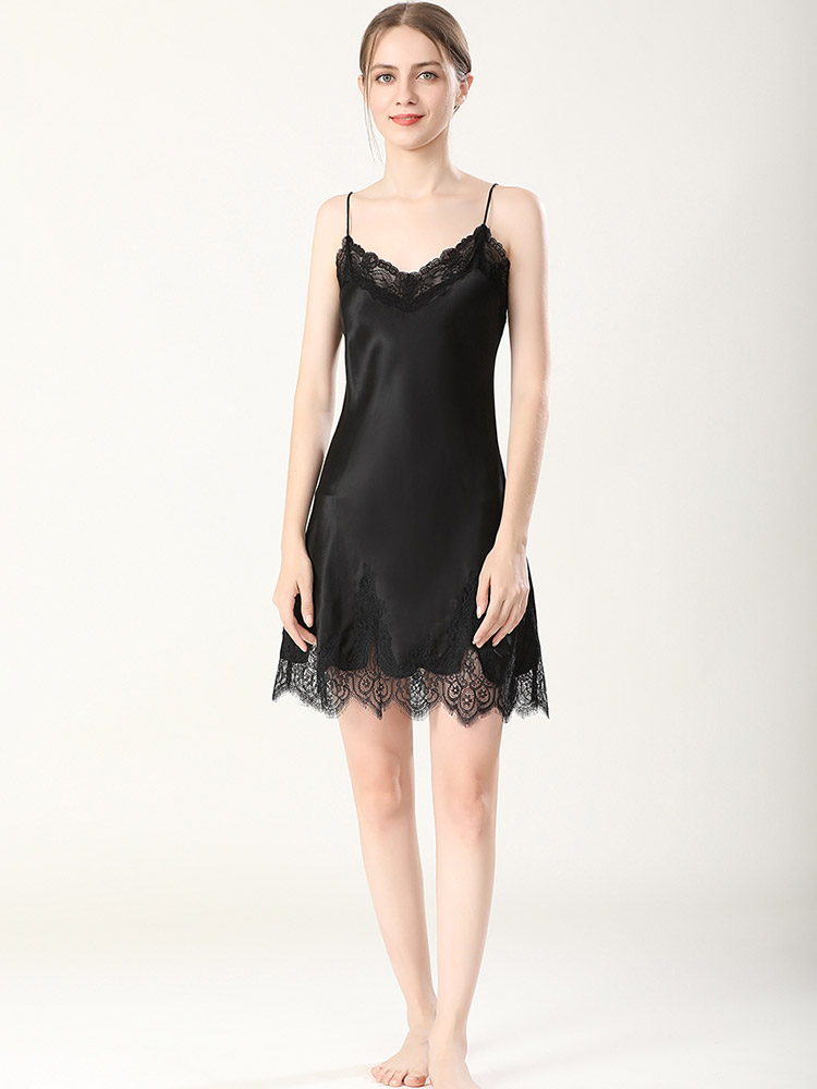 19 Momme Black Mulberry Silk Slip Chemise with Lace Trimming