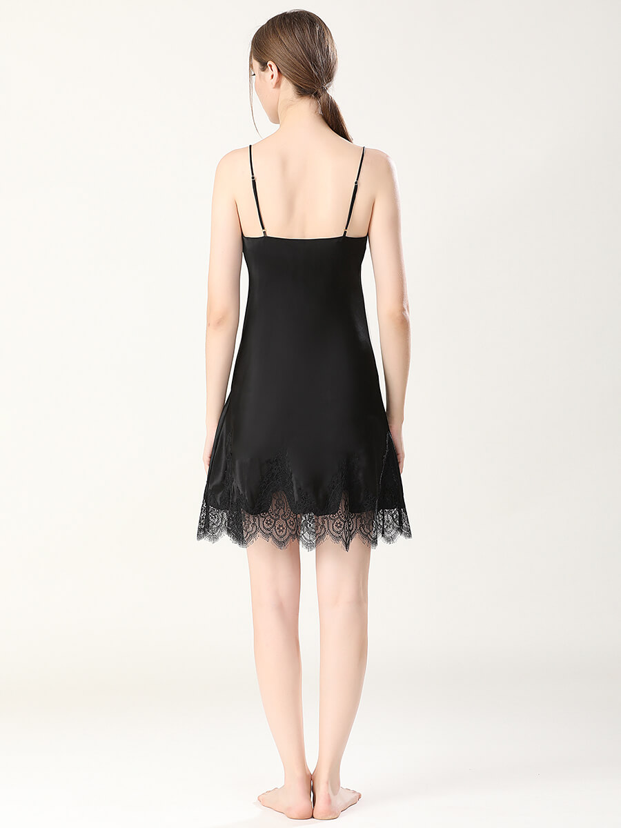 19 Momme Black Mulberry Silk Slip Chemise with Lace Trimming