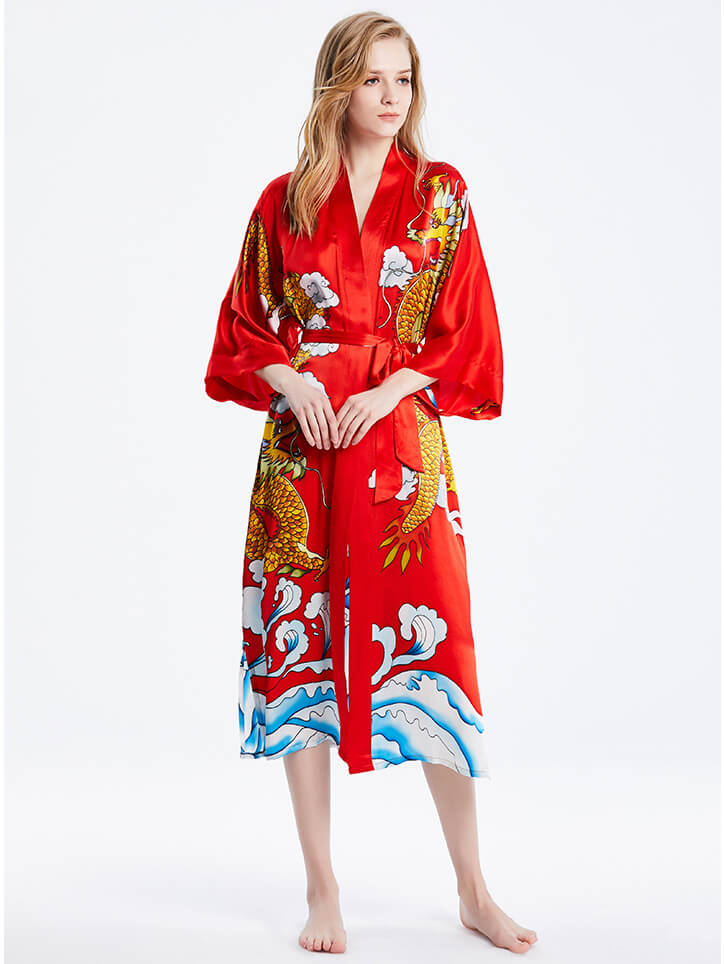 16 Momme Dragon Long Silk Kimono Robe