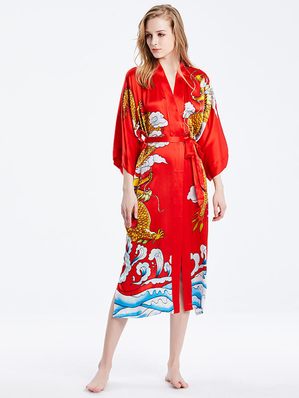 16 Momme Silk Dragon Long Kimono Robe
