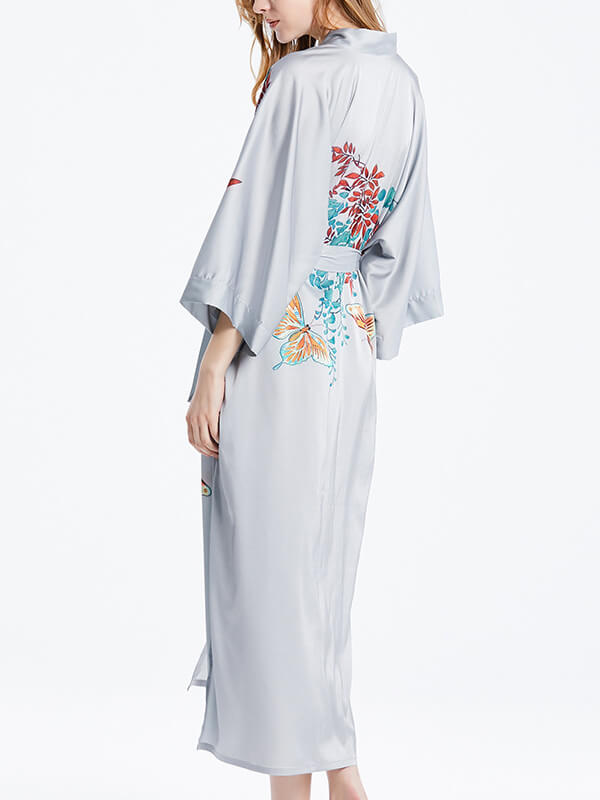 16 Momme Beautiful Butterfly Print Long Silk Kimono Robe