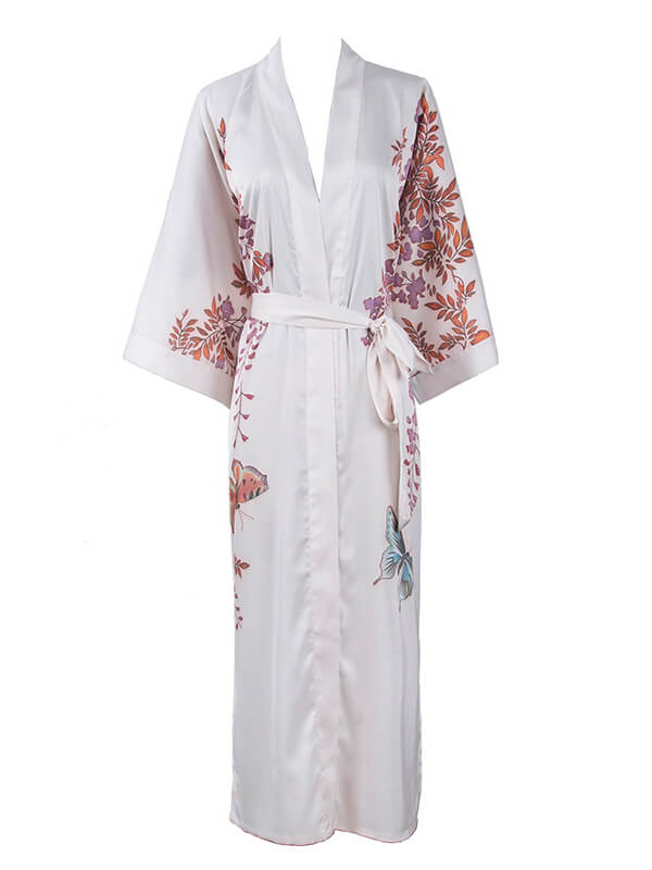 16 Momme Beautiful Butterfly Print Long Silk Kimono Robe