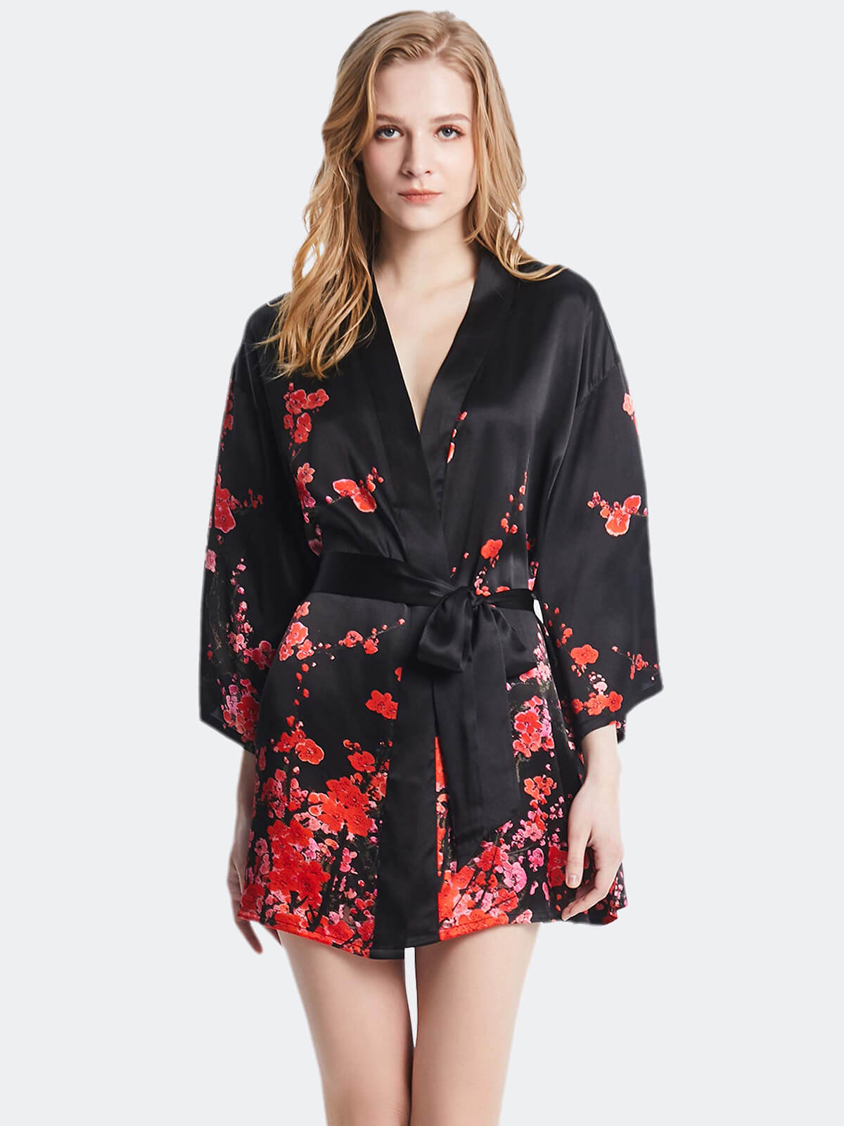 16 Momme Beautiful Butterfly Print Long Silk Kimono Robe