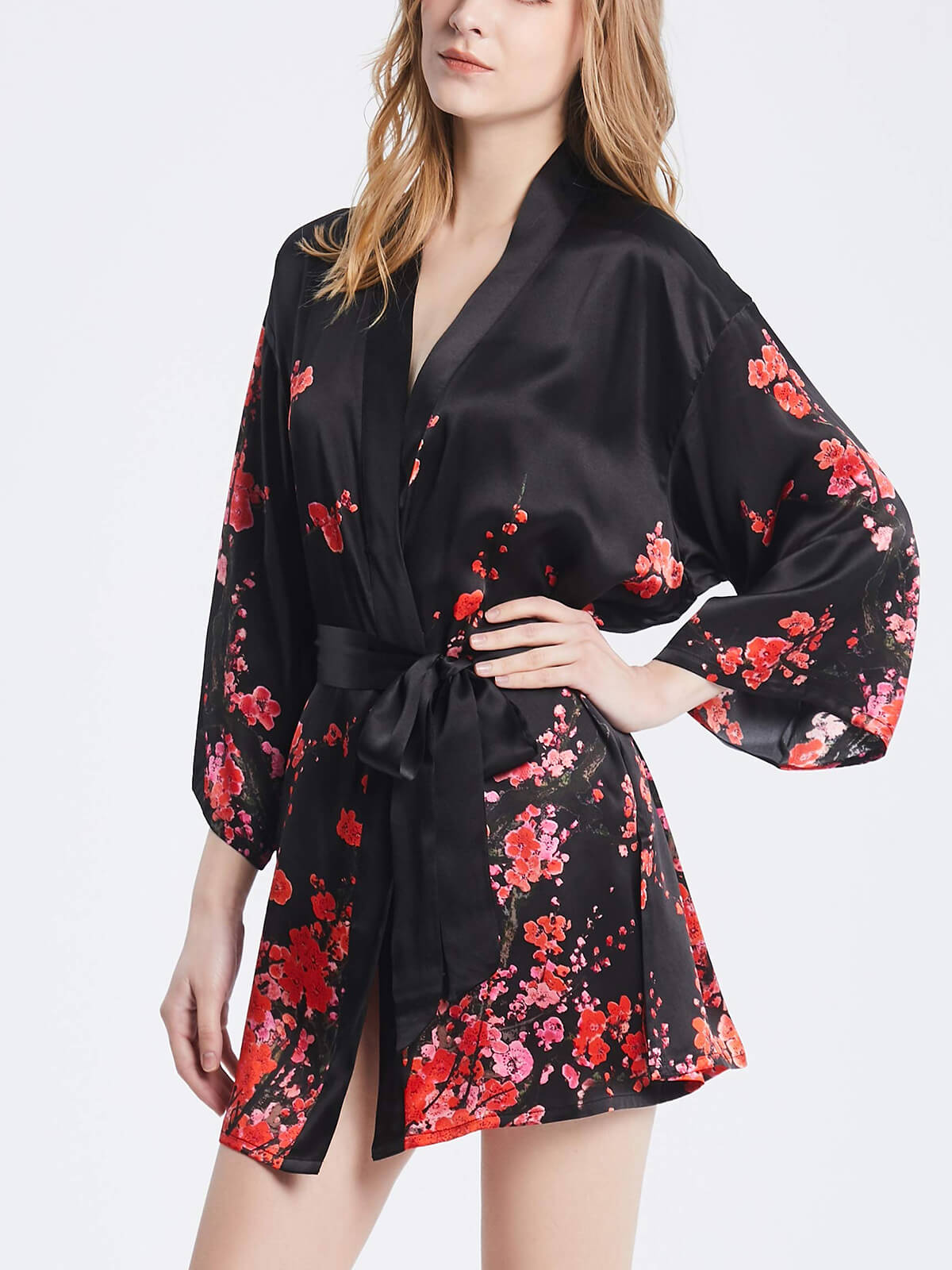 16 Momme Beautiful Butterfly Print Long Silk Kimono Robe