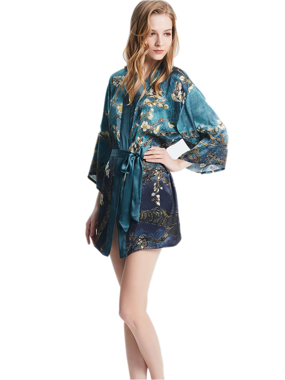 16 Momme Beautiful Butterfly Print Long Silk Kimono Robe