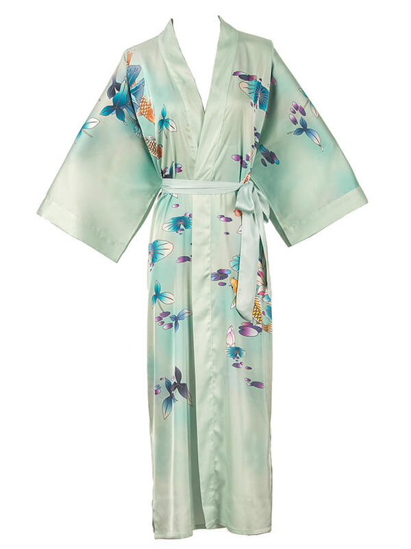 16 Momme Water Lily Print Long Silk Kimono Robe