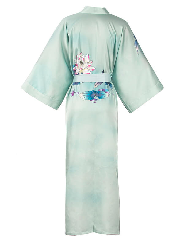 16 Momme Water Lily Print Long Silk Kimono Robe