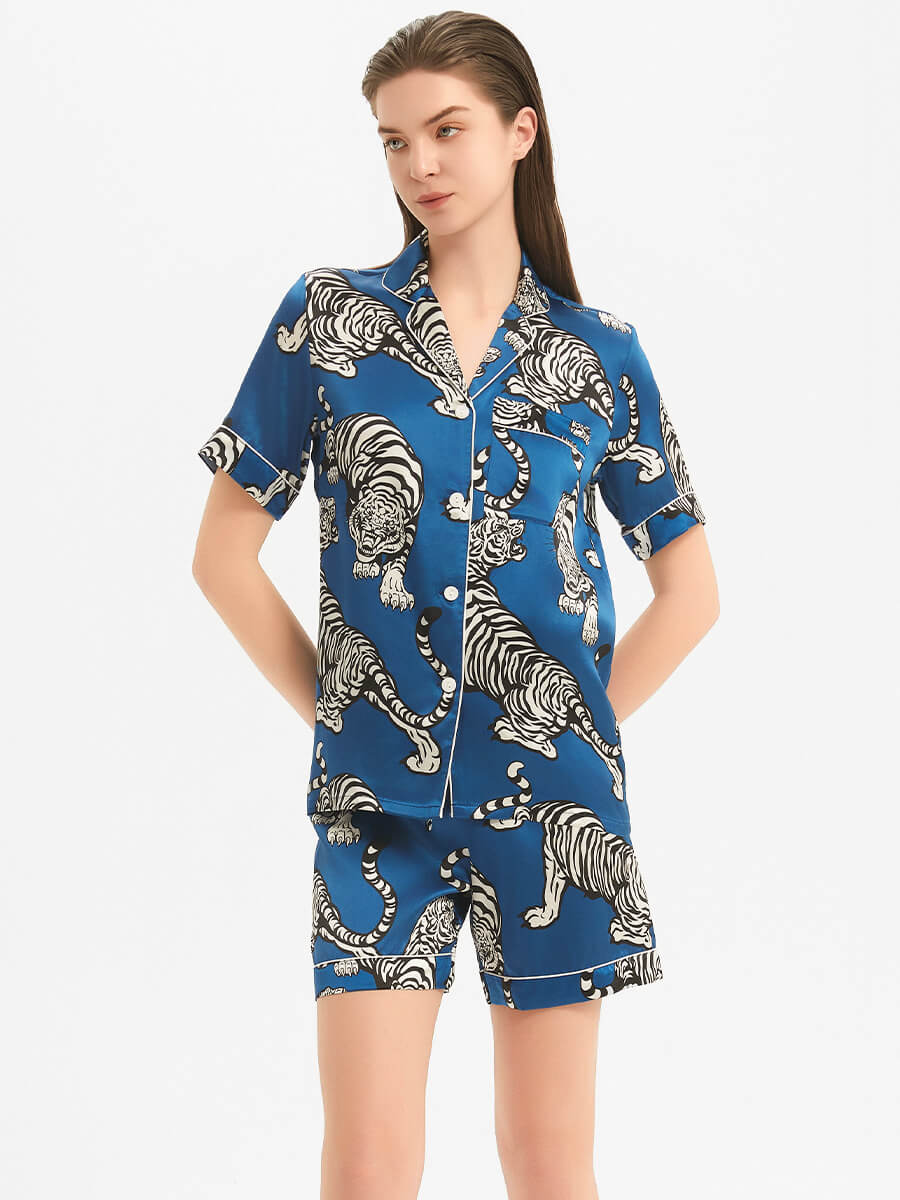 22 Momme Blue Tiger Print Silk Pajama and Shorts Set