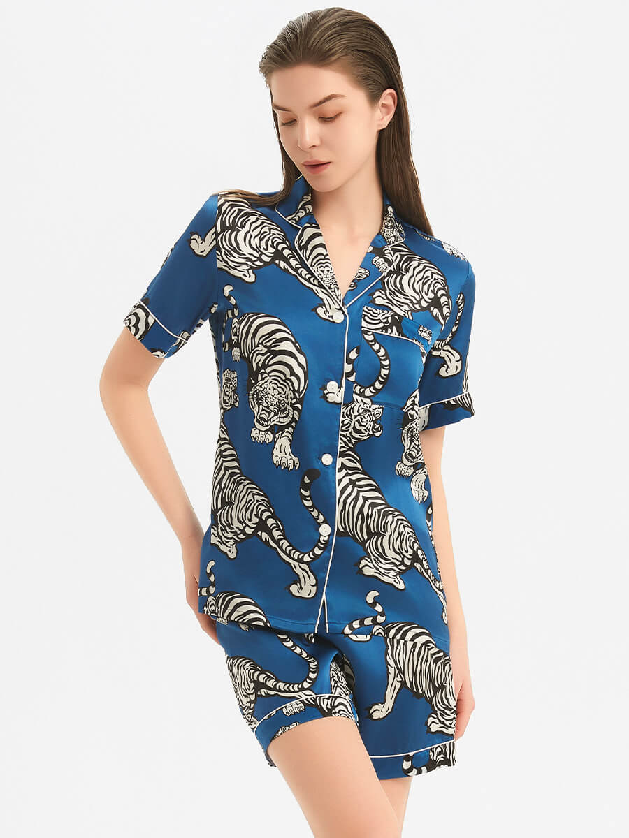 22 Momme Blue Tiger Print Silk Pajama and Shorts Set