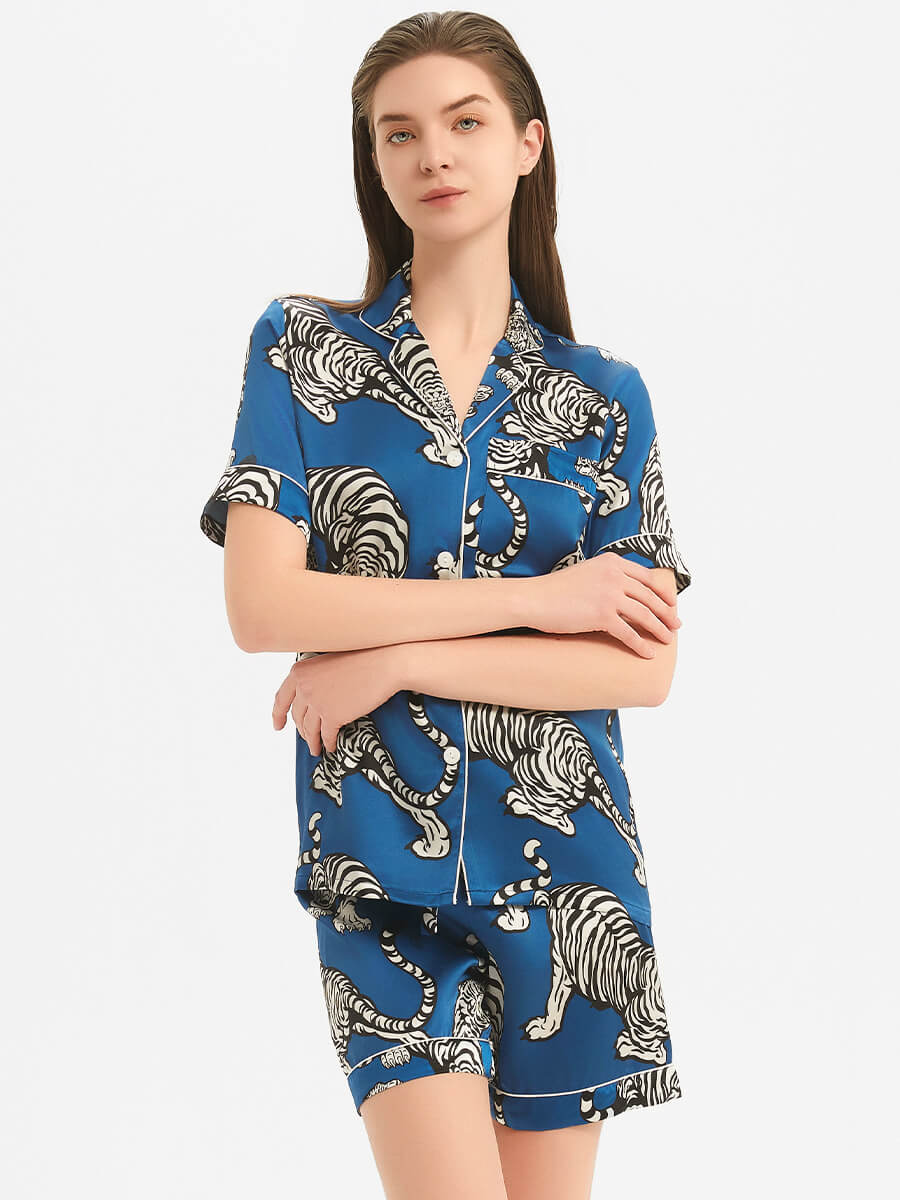 22 Momme Blue Tiger Print Silk Pajama and Shorts Set
