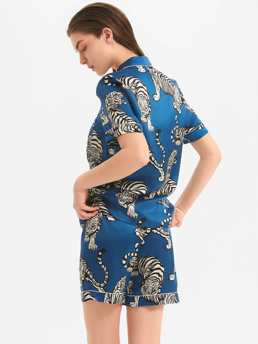 22 Momme Blue Tiger Print Silk Pajama and Shorts Set