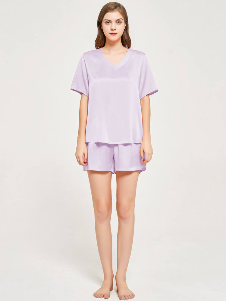 19 Momme Loose Fit V-neck Short-sleeve Silk Pajamas Shorts Set