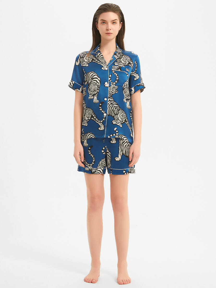 22 Momme Blue Tiger Print Silk Pajama and Shorts Set